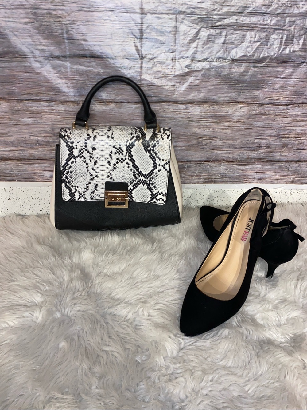Aldo Black & White Snake-Print Top Handle Purse NWOT